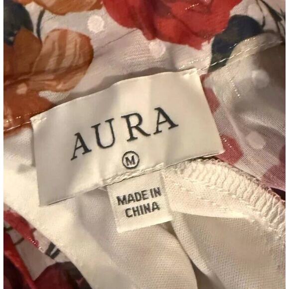 AURA Blouse Top Women Medium Multi Floral Pleated Mock Neck Tie Back Long Sleeve - Picture 6 of 6